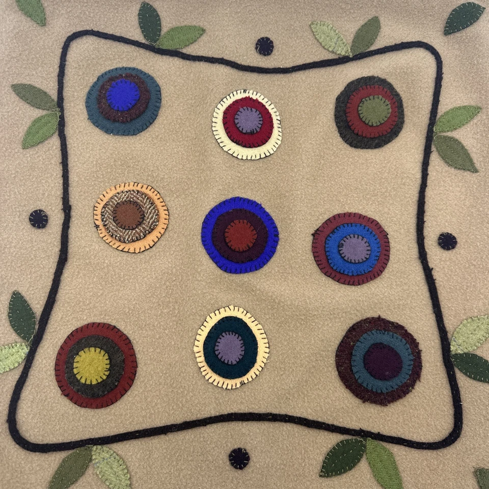 Wool Applique Pillow Cover Circles Light Brown 18x18 Artisan Velvet Back Zip - Image 2 of 4