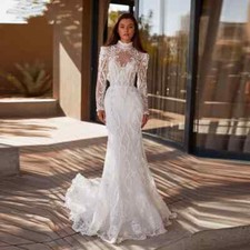 High Neck Lace Wedding Dresses Mermaid Long Sleeve Appliques Bridal Gowns Custom