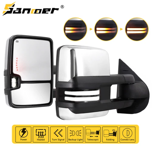 Chrome Towing Mirrors LED Switchback for 2007-2014 Chevy Silverado GMC Sierra
