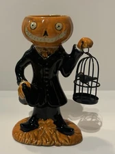 Yankee Candle Pumpkin Head Man w/ Crow Bird Cage Tealight Holder Halloween 2011
