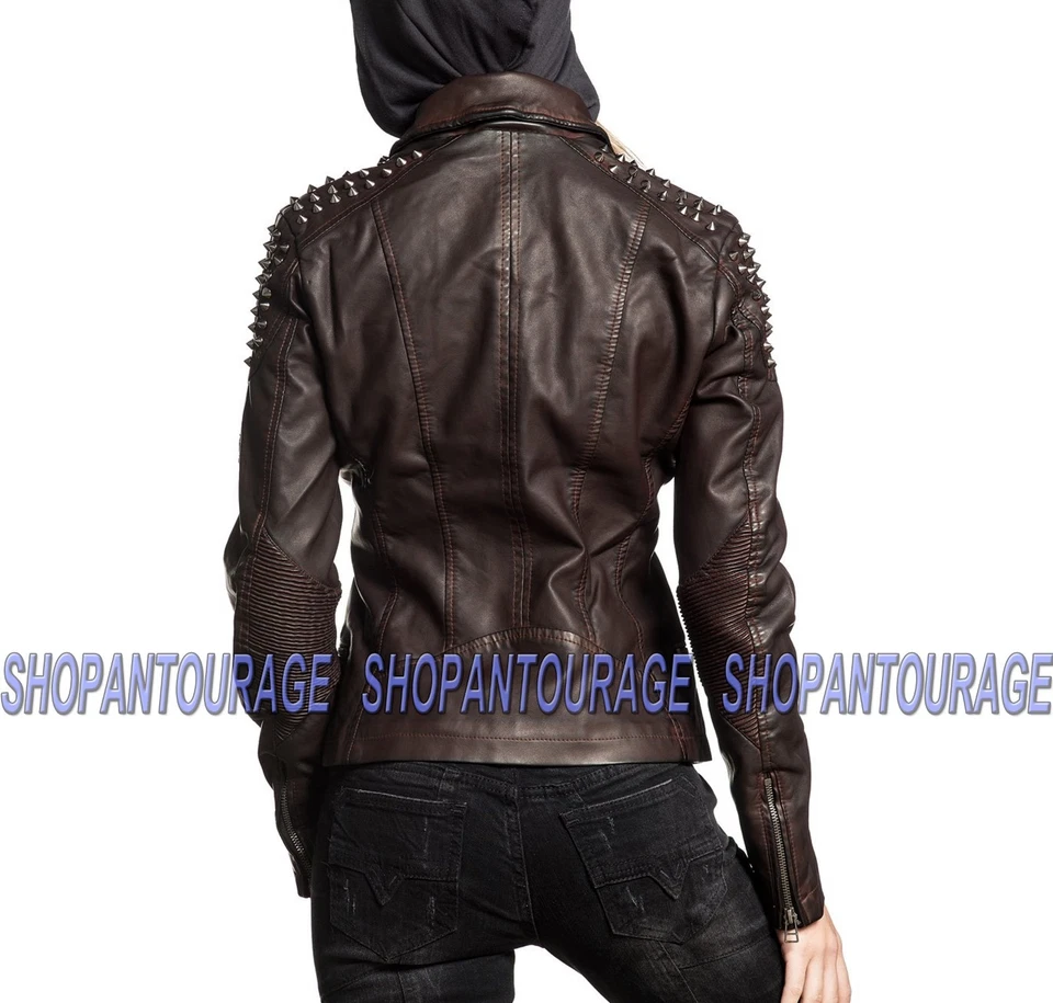 Jaqueta feminina de couro ecológico manga longa Affliction Spiked Out 111OW070 - Imagem 4 de 4