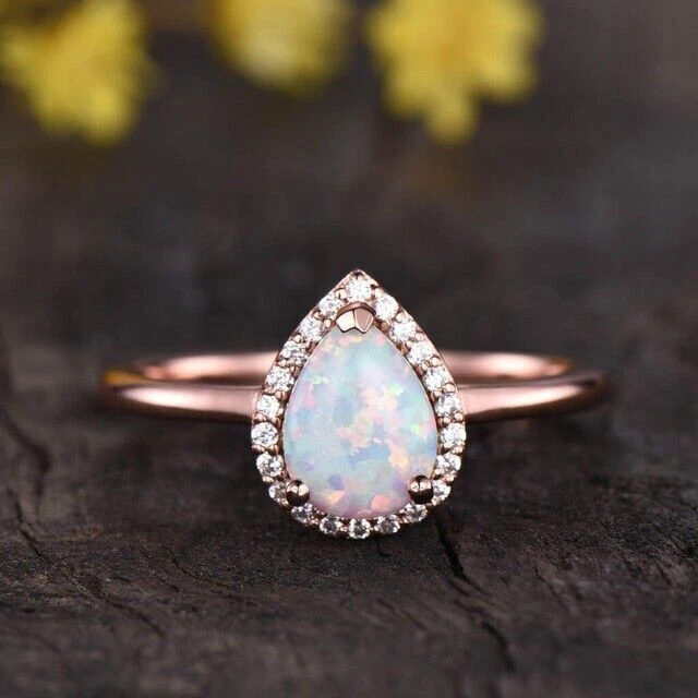 Natural Opal Engagement Ring 14K Rose Gold Plated Wedding