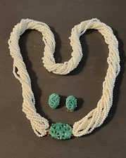 Marvella Multi Strand Faux Pearl & Molded Green Glass Necklace Earrings Set