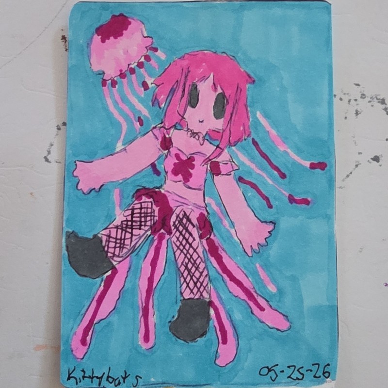 ACEO ATC Kittybats  Jellyish Girl Anime Fashion Drawing