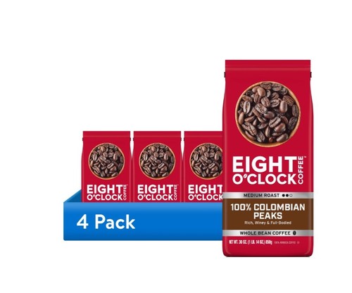 (4 pack) Eight O'Clock Coffee Medium Roast Whole Bean 100% Colombian Peaks Coffe
