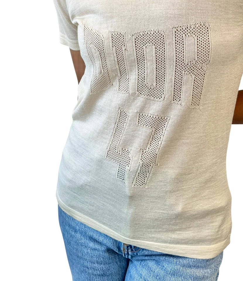 Camiseta Christian Dior Vintage 2005 Tejida Top #38 Amarillo Crema Lana 47 Malla Logo Foto 3 de 4