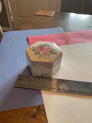 Vintage hexagon hand painted porcelain 3 rose  trinket  box.