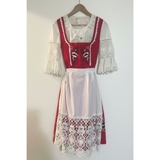 Vintage Red Dirndl Trachten Dress Lace Blouse Apron Oktoberfest EU 40 Small