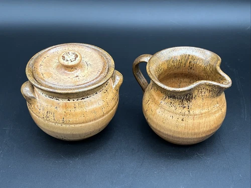 Vintage North Carolina Art Pottery OWENS Creamer & Sugar Bowl w/ Lid Set -Signed
