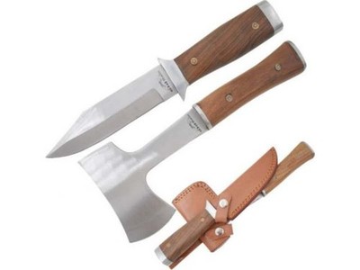 10'' Overall Old Ram Handmade Axe And Knife Camping Set With Leather Sheath