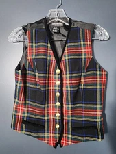 vintage Halston wool multicolor Plaid Vest 6 gold Button Front Lined 90s holiday