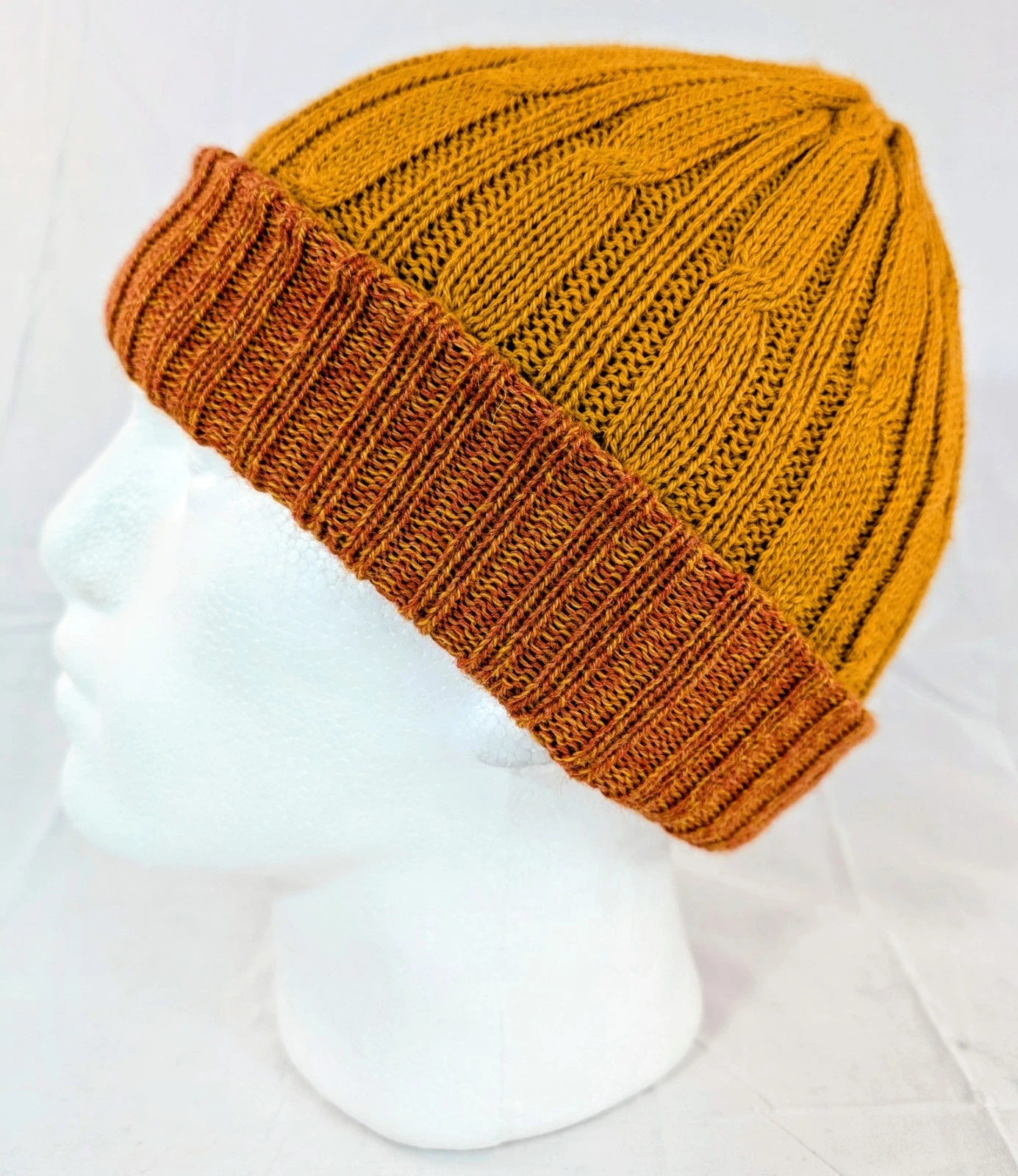 Extra Soft Baby Alpaca Reversible Cable Knit Beanie Yellow Orange Handmade