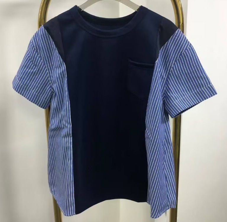 SACAI X NIKE 2025SS Nuova Maglietta Sacai Luck Collar Patchwork Righe Maniche Corte Top