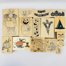 VTG Halloween Rubber Stamps Lot 15 Wood Mounted Pumpkin Witch Ghost PSX USA