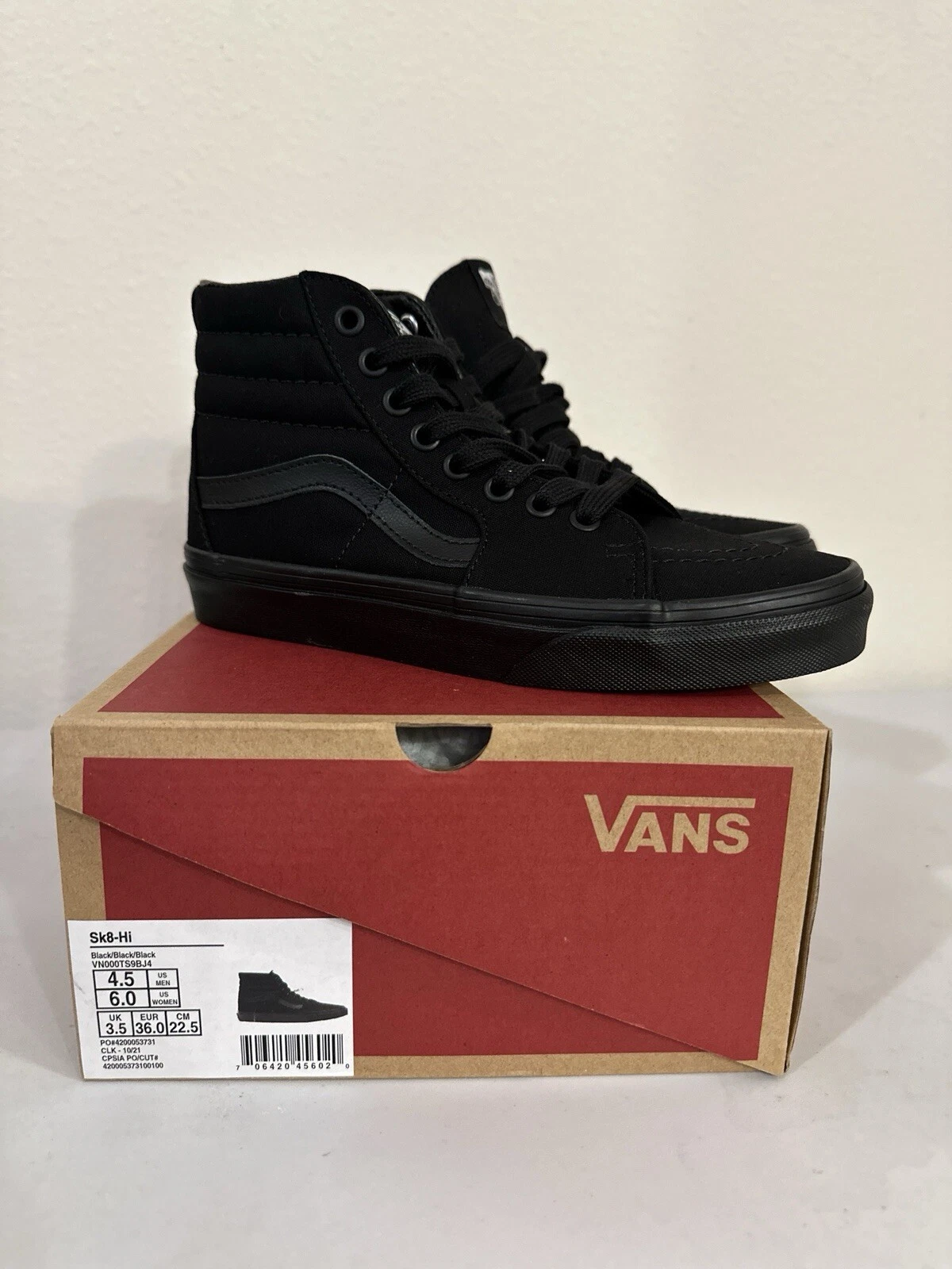 VANS Sk8 Hi Nero Nero Nero VN000TS9BJ4 4.5Y 6 Donna