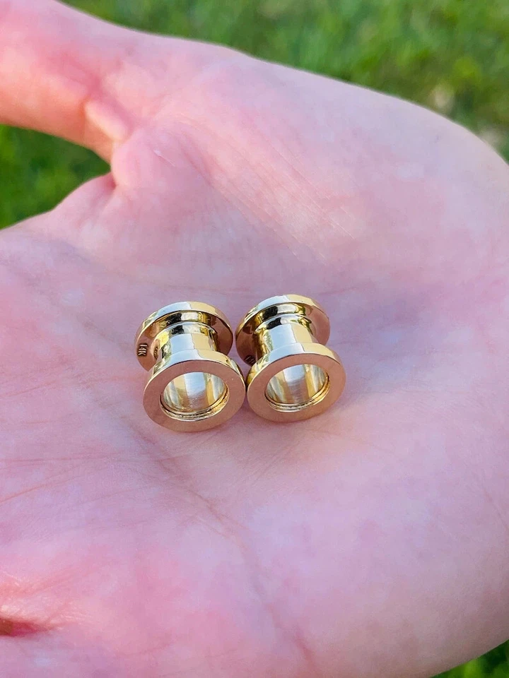 14k Solid Gold Gauges Ear Plugs Double Flared Screw Fit Flesh Tunnels w/ Diamond - Image 2 of 4