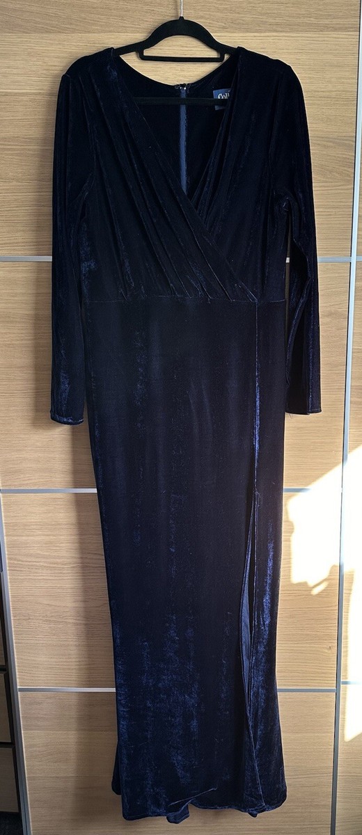 Collectif Size 20 3xl Lexie Navy Blue Velvet Maxi Dress Fishtail Slit BE4