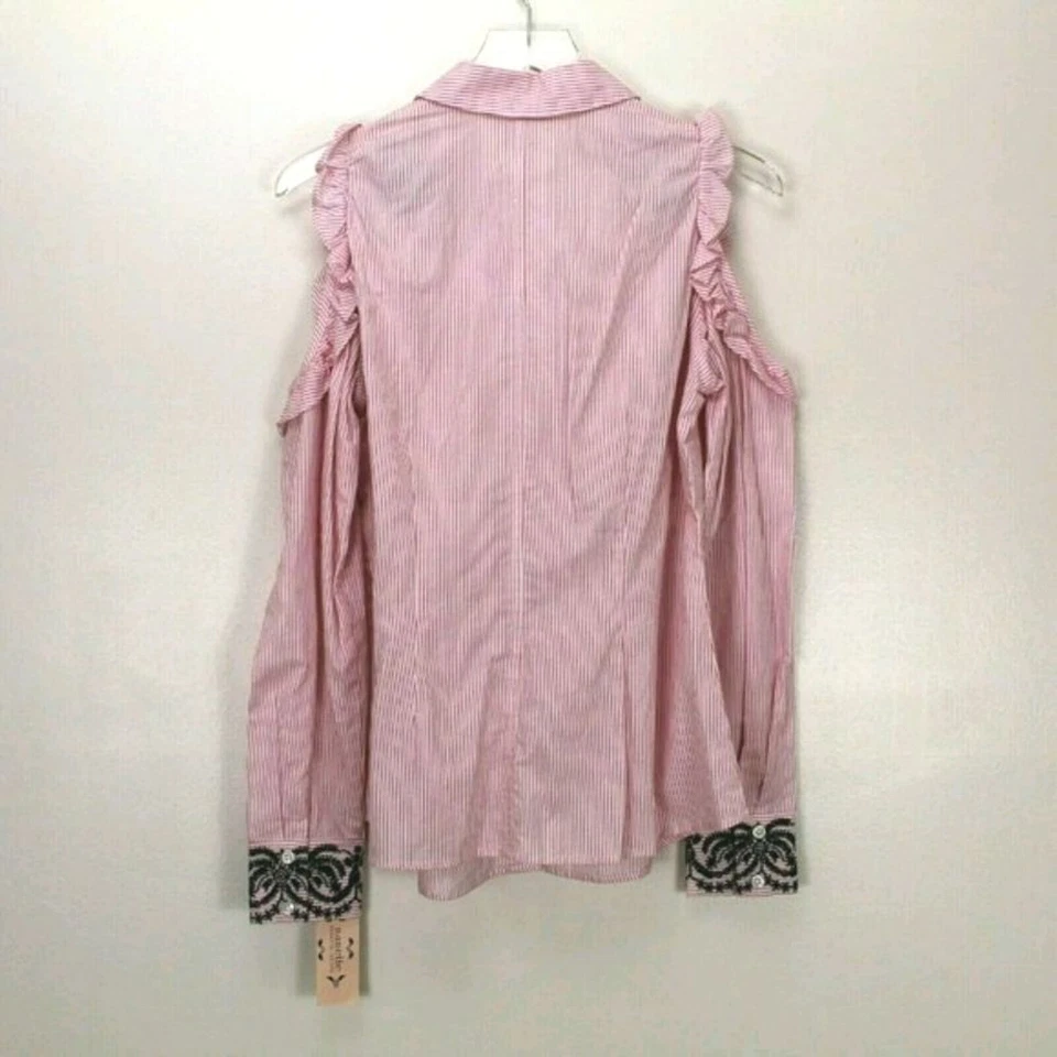 Nanette Lepore Flamingo Dreams 纽扣衬衫中号粉色白色条纹刺绣 — 第 4/4 张图片