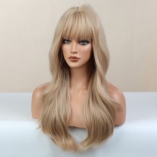 Natural Halloween Mixed blonde Cosplay Wig With Fringe Long Wavy Synthetic Hair