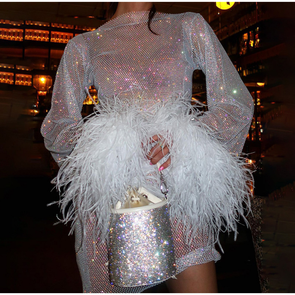 mesh dress with feathers Cheri Sequin Mesh Feather Trim Maxi Dress - White