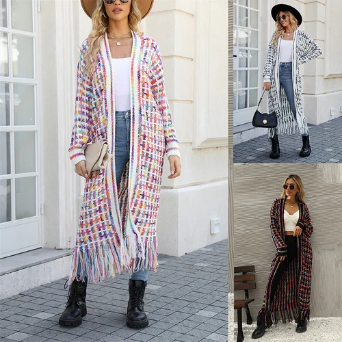 Womens Boho Cardigan Sweater Open Front Fringed Tassels Aztec Maxi Cardigan - Picture 3 of 13