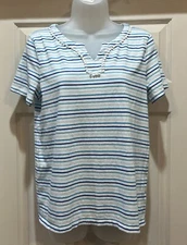 Talbots Womens Blue Striped Round V-Neck 100% Cotton Tee Shirt M