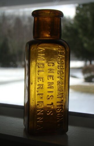 Antique KEASBEY & MATTISON CO CHEMISTS- AMBLER, PENNA. Honey Amber Med Bottle
