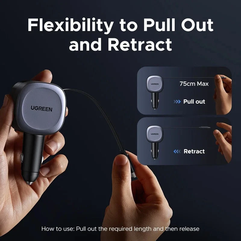 UGREEN 75W Cargador Coche 2 en 1 Cable Retráctil PD QC 4.0 USB C Para iPhone iPad Foto 4 de 4