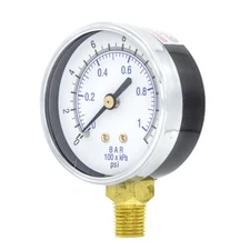 Dry Lower Mount Pressure Gauge with 2" Dial, 0-15 PSI, 1/4" Male NPT