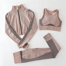 Women Sleeve Yoga Long Set Zipper Top Sport Suit Bra Workout Clothes Gym Fitness