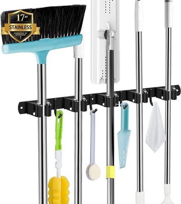 AceMining Broom Holder Wall, 5 Holders + 4 Hooks Black Heavy Duty Device Holder