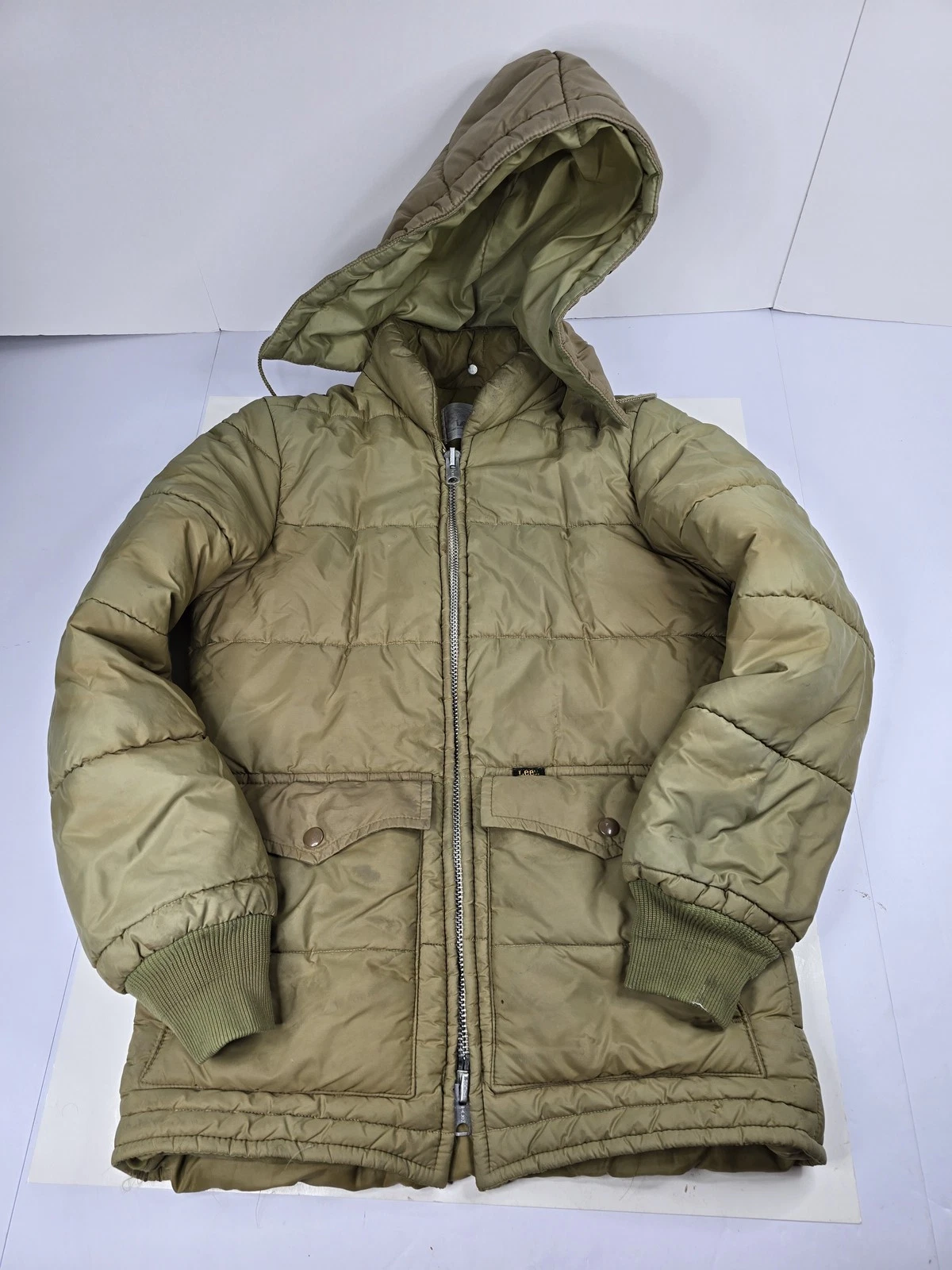 Vintage Lee Storm Rider Jacket Mens XS Khaki Puffer Quilted Hooded USA 70s 80s