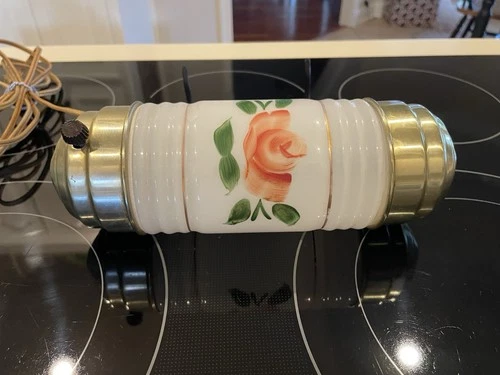 Vintage hand-painted milk glass headboard bed lamp with brass accents