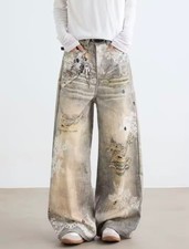Y2K Distressed Lace Patch Baggy Jeans Mens Vintage Washed Wide Leg Streetwear