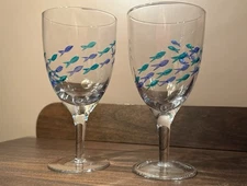 Abbott Collection School Of Fish Etched Water/Wine/ Iced Tea Goblets 7 1/2" #854