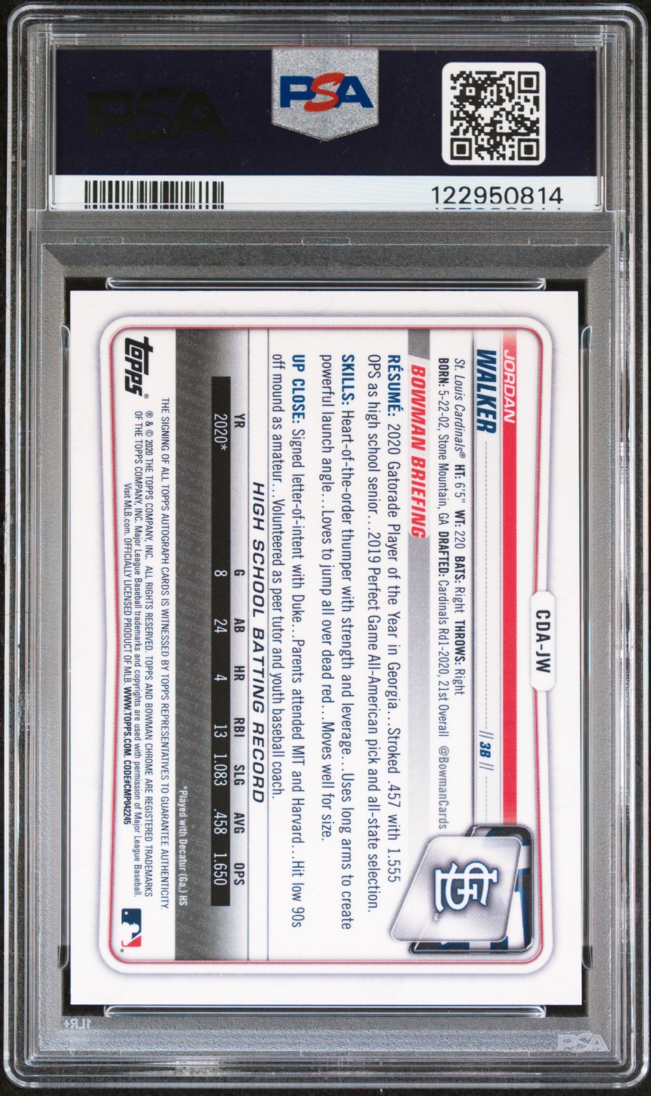 2020 BOWMAN DRAFT CHROME DRAFT PICKS PURPLE JORDAN WALKER 186/250 PSA 10 AUTO view 2