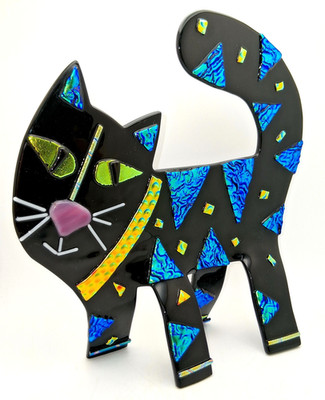 Whimsical Black Fused Glass Cat Figure Dichotic Glass Accents