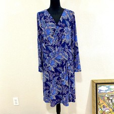 Ralph Lauren Long Sleeve Floral Blue Dress, Zip Back, Lined, Classic, Size 16