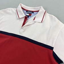 Vintage Tommy Hilfiger Polo Shirt Mens L Red White Navy Colorblock Short Sleeve