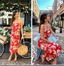 SEZANE ROBE PAULINE RED FLORAL LINEN BLEND DRESS SIZE 36 / US 4