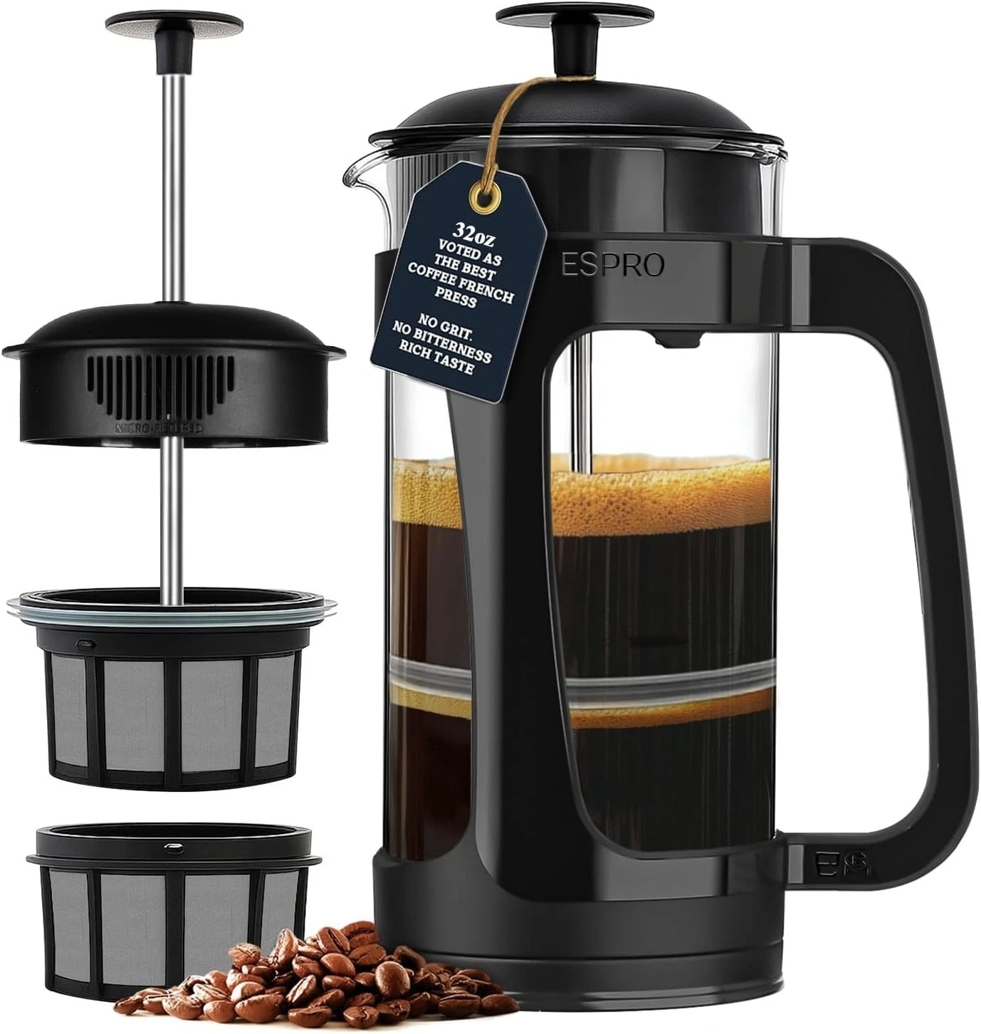 P3 French Press Coffee Maker – Patented Double Micro-Filter Grit-Free Brew Heat