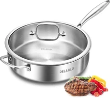 DELARLO Tri-Ply Stainless Steel Frying Pan,12 inch Skillet with Lid,6 Quart