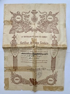 Certificat de bonne conduite 61e Bataillon de Chars de Combat 1925 BCC