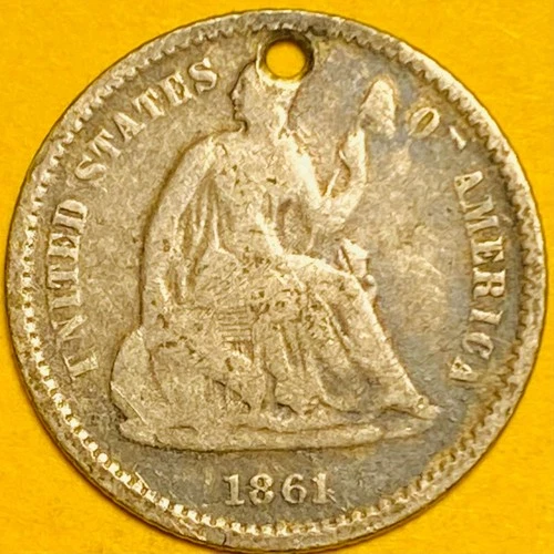 1861 U.S. SEATED LIBERTY SILVER HALF 1/2 DIME 5c COIN (VG-Very Good), Holed.