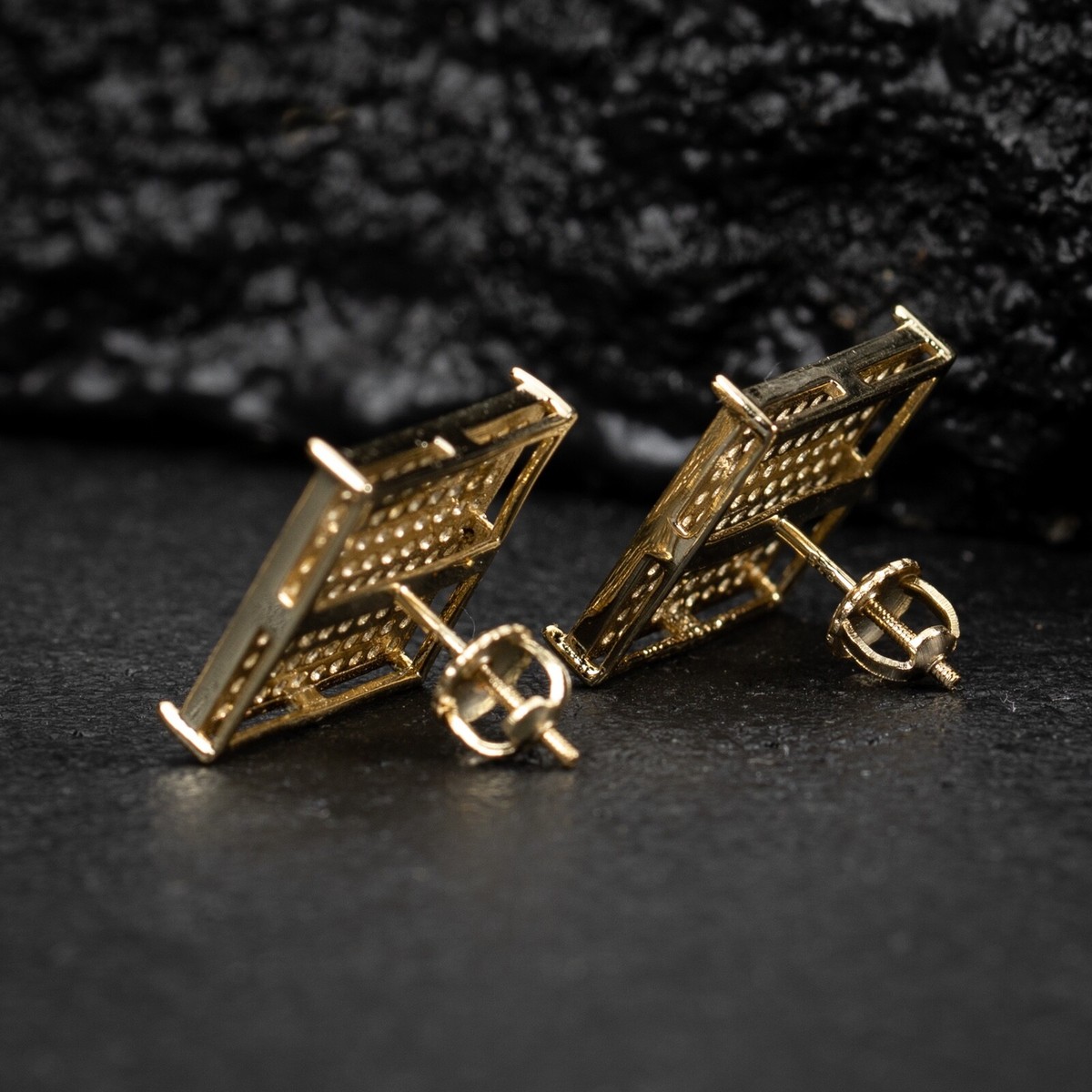 Large Square Flat Screen Mens Cz Yellow Gold Hip Hop Screw