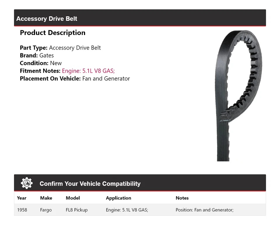 Correa de transmisión de gas V8 5,1 L para camioneta Fargo FL8 1958 para puertas de ventilador y generador Foto 2 de 4