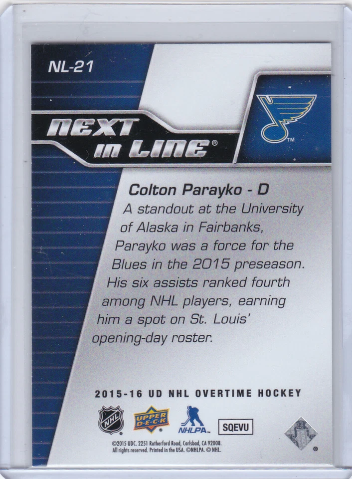 2015-16 Upper Deck Overtime Next In Line Colton Parayko Insert Blues READ!! - Image 2 of 2