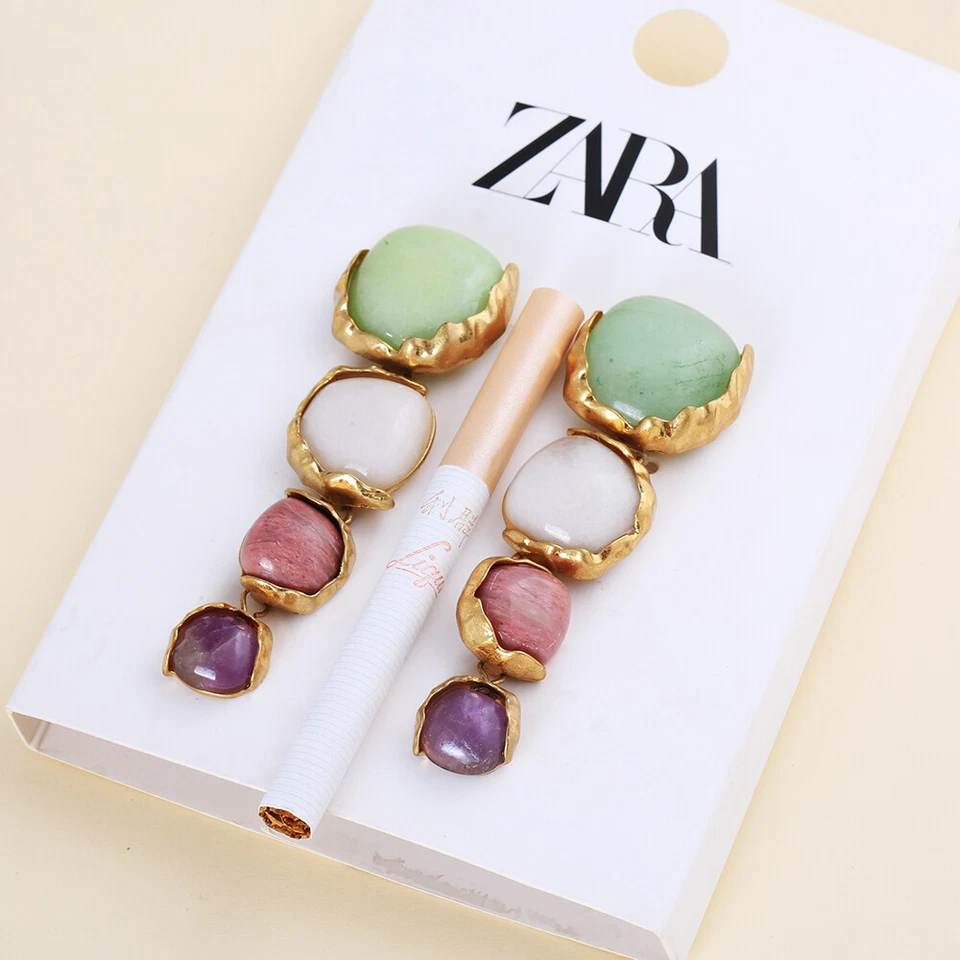 New Zara Matt gold color natural stone tassel earrings ladies party jewelry - Image 3 of 4
