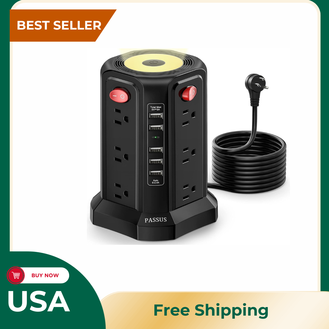 Surge Protector Power Strip Tower with 5 USB Ports and Night Light, 10FT-image