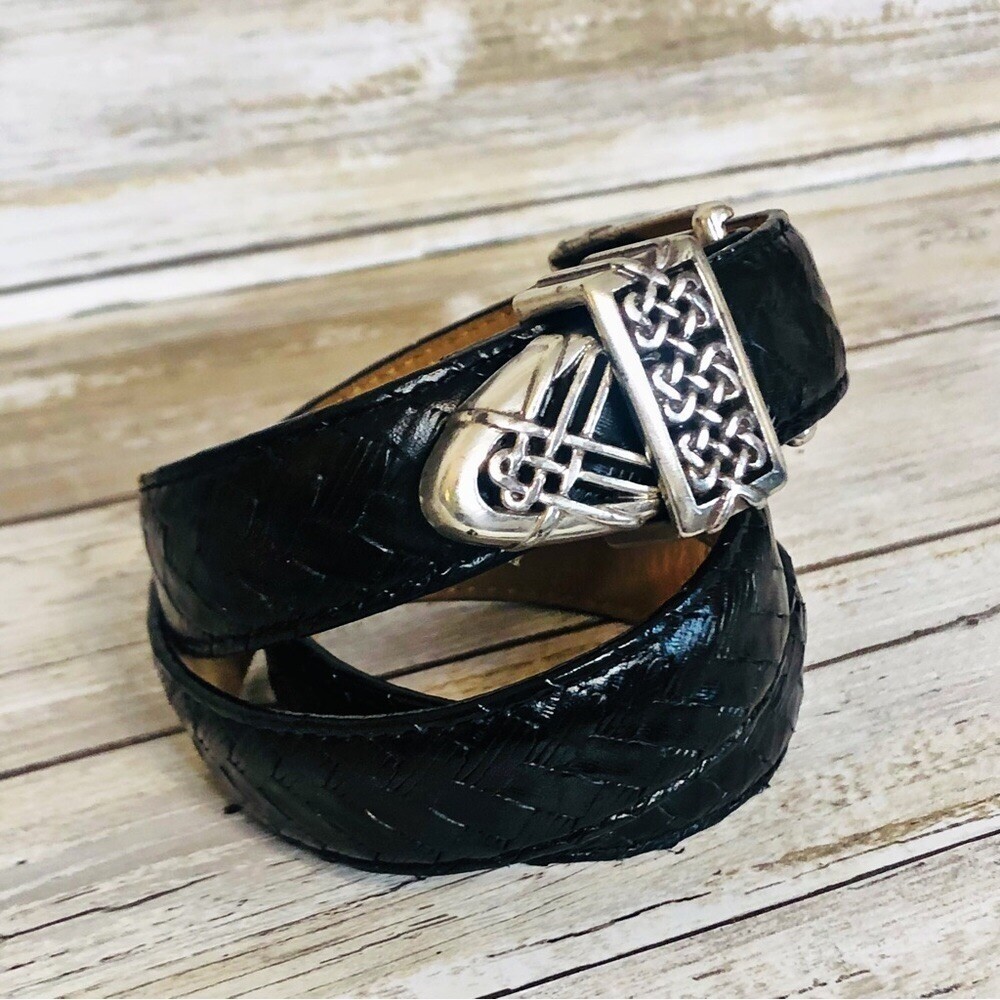 Vintage Brighton Black Leather Embossed Belt w/ Silver Tone  display picture 3